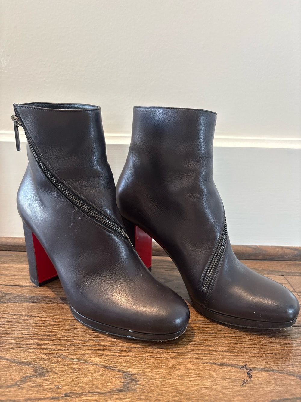 Christian Louboutin Black Leather Ankle Boots with Red Block Heels